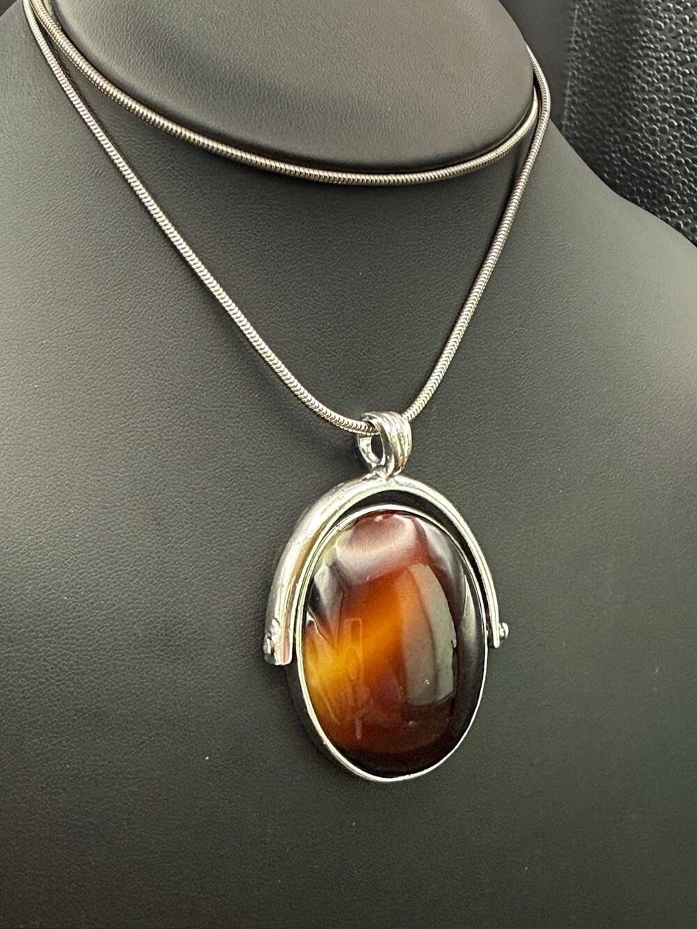 Vtg 1970s Spinner Necklace Faux Tortoise Agate Fob Double Sided Mirror Pendant